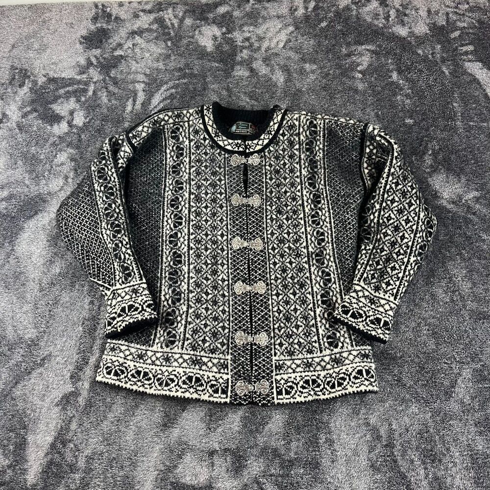 Kaare Gjose Made In Norway Pure New Wool Black White Cardigan Sweater S *Read
